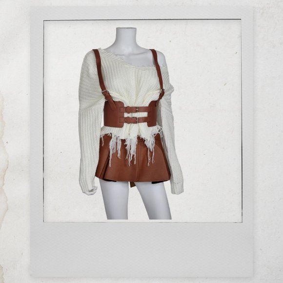 Leather Vintage Style Suspender Belt, Distressed Sweater, and Peplum Skirt - Picture 3 of 7